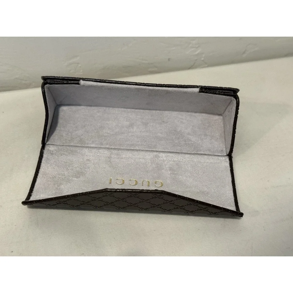 GUCCI Brown Embossed Leather Hardshell Folding Triangle Glasses Case Suede